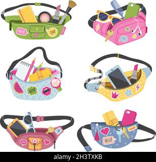 Trendy waist bags. Fashioned fancy wallets for belt with personal accessories phone money cards vector illustrations Stock Vector