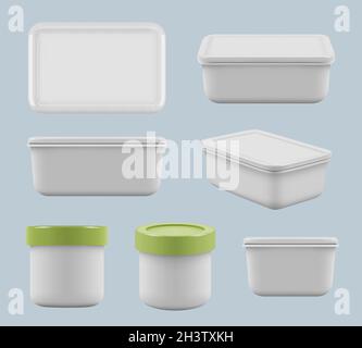 Plastic boxes. Caring food in containers square empty storage utensil for kitchen vector realistic templates Stock Vector