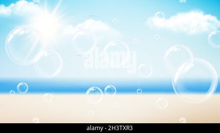 Transparent bubbles. Summer vacation background, beach ocean sun day. Flying soap foam, water bubble vector banner Stock Vector
