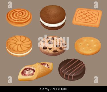 Cookies. Realistic delicious sugar cookies decent vector illustrations Stock Vector