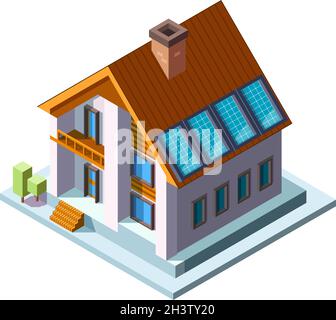 Solar panels on roof. Green eco energy sunny economy photovoltaic panels vector isometric house Stock Vector