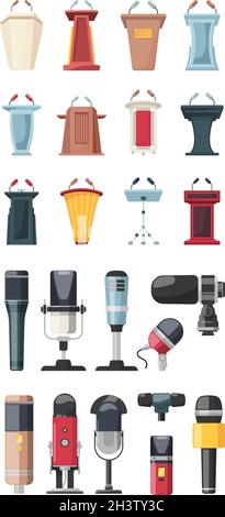 Conference stage. Podiums for speakers business tribune with microphones fashion audience vector Stock Vector