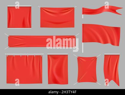 Colored fabric banners. Promotional flag decoration empty textile banners clothes texture vector set Stock Vector
