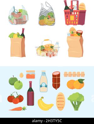 Grocery bags. Shopping basket market bagged food milk vegetables meat vector colorful set Stock Vector