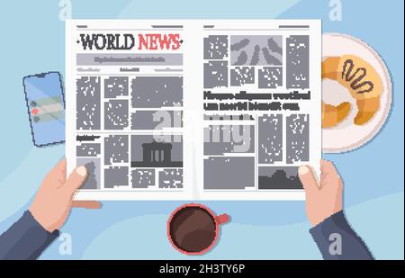 Hands holding newspaper. Businessman reading news and drinking morning coffee garish vector concept Stock Vector