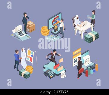 Financial isometric. Business economics 3d objects trading graphics computer and money concept vector set Stock Vector