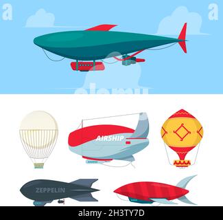 Airship. Flying balloons dirigible zeppelin for travellers freedom symbols air transport vector illustrations Stock Vector
