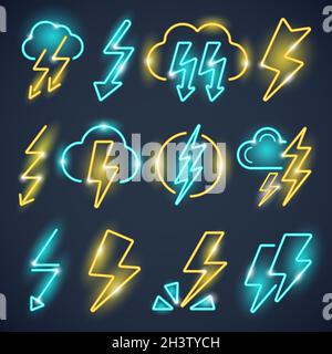 Neon lightning. Powerful thunder symbols glow lightning collection vector colored set Stock Vector