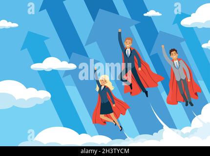 Business hero background. Flying managers power of superhero good teamwork successful people helping employees vector business concept Stock Vector