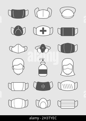 Pollution mask symbols. Medical protection icon treatment man with face shield or mask viruses vector set Stock Vector