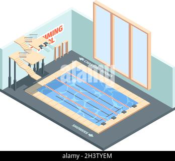 Pool fitness interior. Spa diving leisure club for swimmers sport center isometric building Stock Vector