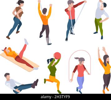 Sport activities. Characters outdoor making some exercises active