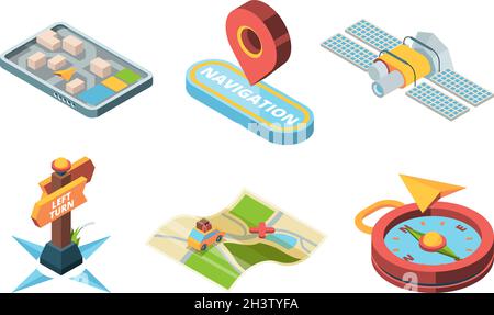 Navigation methods. Road map world navigator for tourism traffic roads sign boards compass vector isometric icon Stock Vector