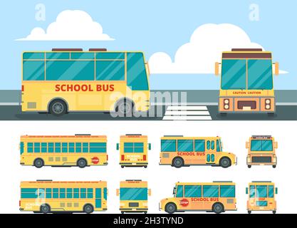 Yellow bus. School daily transport for kid bus in different point views vector vehicle Stock Vector