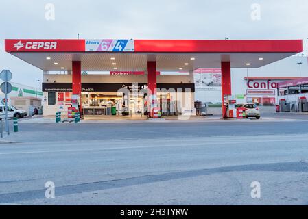 Benidorm, Alicante, Spain, October 26, 2021 : Cepsa gas station with Carrefour store in a shopping center. Stock Photo