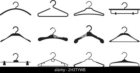 Clothes hangers. Storage wardrobe items fabric hangers with hook black silhouettes vector pictogram Stock Vector