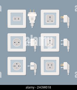 Electric plug. Electricity collection american and european plugged wall socket vector flat pictures Stock Vector