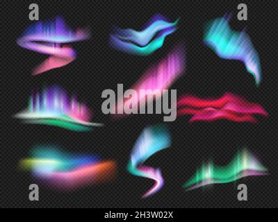 Northern light effects. Beauty weather space gradient in sky lighting night aurora vector set Stock Vector