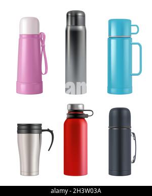 Thermos mockup. Realistic cup round containers vacuum flask for liquid products vector 3d set Stock Vector