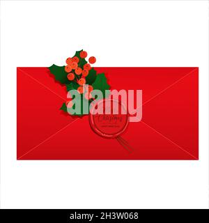 Red Christmas envelope with wax seal and holly branch. Vector illustration isolated on white. Holiday envelope with greeting text Merry Christmas Stock Vector