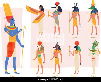 Ancient egypt gods. Pharaoh anubis osiris egyptian people vector authentic exact characters Stock Vector
