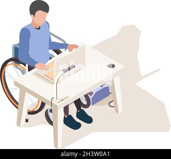 Disabled at desk. Person home handicapped computer work and sitting in wheelchair vector isometric concept Stock Vector