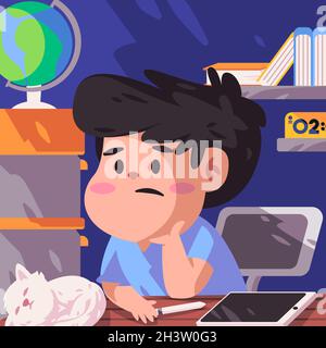 Man sitting in the chairs put his hand on chin and thinking by self at late night cartoon flat color isolated background vector illustration Stock Vector