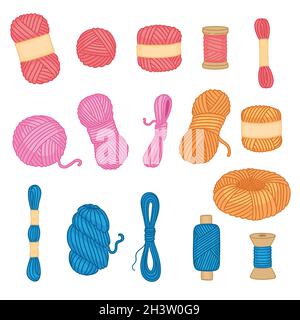 Threads collection. Sewing handicraft items tangle threads from woolen neoteric vector cartoon objects Stock Vector