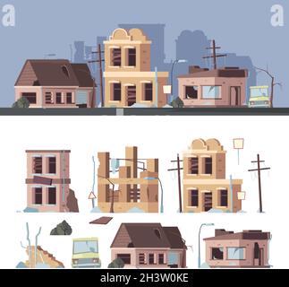 Damaged buildings. Bad old trouble houses abandoned exterior wooden destroyed constructions vector collection set Stock Vector