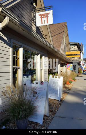 Cornish, Maine, USA. Shops along a picturesque main street in the small Maine community of Cornish. Stock Photo