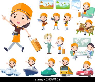 A set of Fast food clerk woman on travel.It's vector art so easy to edit. Stock Vector