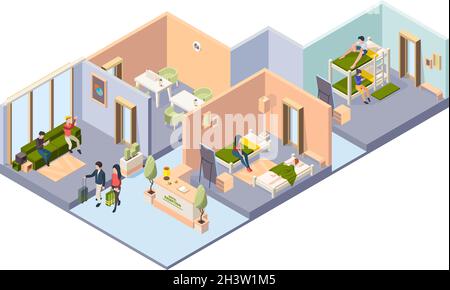Hostel interior. Different rooms in hotel for students bedrooms restroom dining room with guest relaxing travellers vector isometric illustration Stock Vector