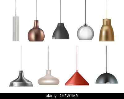 Hanging lamp. Realistic electricity lamp bright lighting interior decoration vector illustrations set Stock Vector