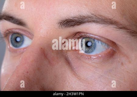 Close up of blue eyes of caucasian businessman, isolated on grey background Stock Photo