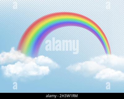 Rainbow in sky. Weather background with clouds and colored arch of rainbow vector realistic picture Stock Vector