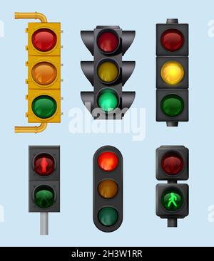 Urban traffic lights. Signs for city vehicles lighting objects for road cross direction vector realistic set Stock Vector