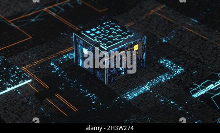 3D computer chip over circuit background of blue and black colors. Artificial Intelligence and cyber technologies concept, abstract micro chip process Stock Photo