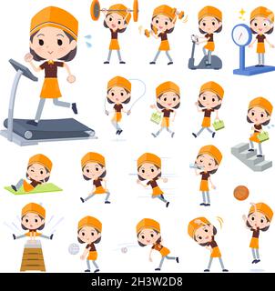 A set of Fast food clerk woman on exercise and sports.It's vector art so easy to edit. Stock Vector