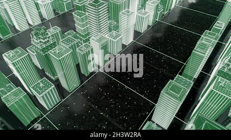 Digital city abstract 3D hologram, technology and connection concept. Animation. Visualization of a city street with many buildings and transparent gr Stock Photo