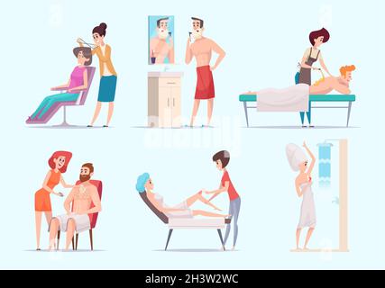 Body depilation. Man and woman laser epilation skin treatment exact vector illustration set Stock Vector