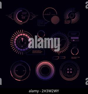 Hud radar interface. Digital modern military weapons ui templates circle futuristic forms graphical satellite vector set Stock Vector