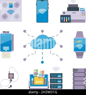 Connectivity devices. Smart connection technic wifi bluetooth support garish vector collection Stock Vector