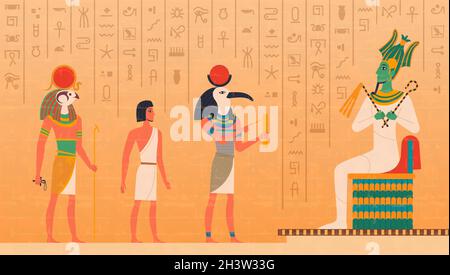 Egypt mural. Cultural ancient characters painting on wall historical egyptian background with gods osiris pharaoh anubis exact vector set Stock Vector