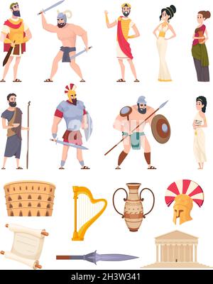 Rome elements. Cultural ancient traditional objects and architectural constructions historic characters coliseum warriors and rome citizens exact Stock Vector