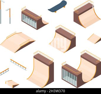 Skate park. Isometric outdoors active characters skateboarders trampoline railings teenagers athlete workout club vector collection Stock Vector