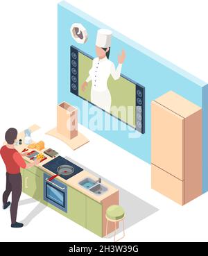 Cooking online. Preparing food broadcasting lesson chef teaching in kitchen online vector isometric concept Stock Vector