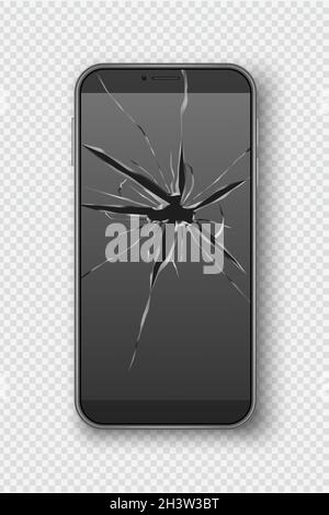 Cracked smartphone screen. Broken mobile telephone scratch glass decent vector realistic picture Stock Vector