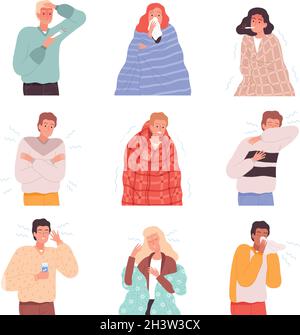 Illness people. Flu sick characters diseases patient treatment person nose virus vector cartoon illustrations Stock Vector