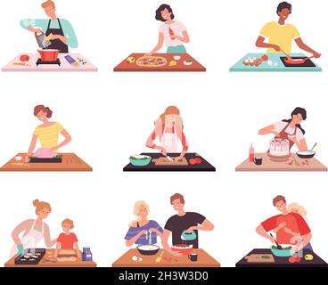 People cooking. Happy smile characters preparing product in kitchen family cuisine catering service vector set Stock Vector