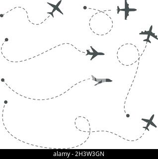 Plane paths. Airline routes, airplane silhouettes and dotted trails vector set Stock Vector